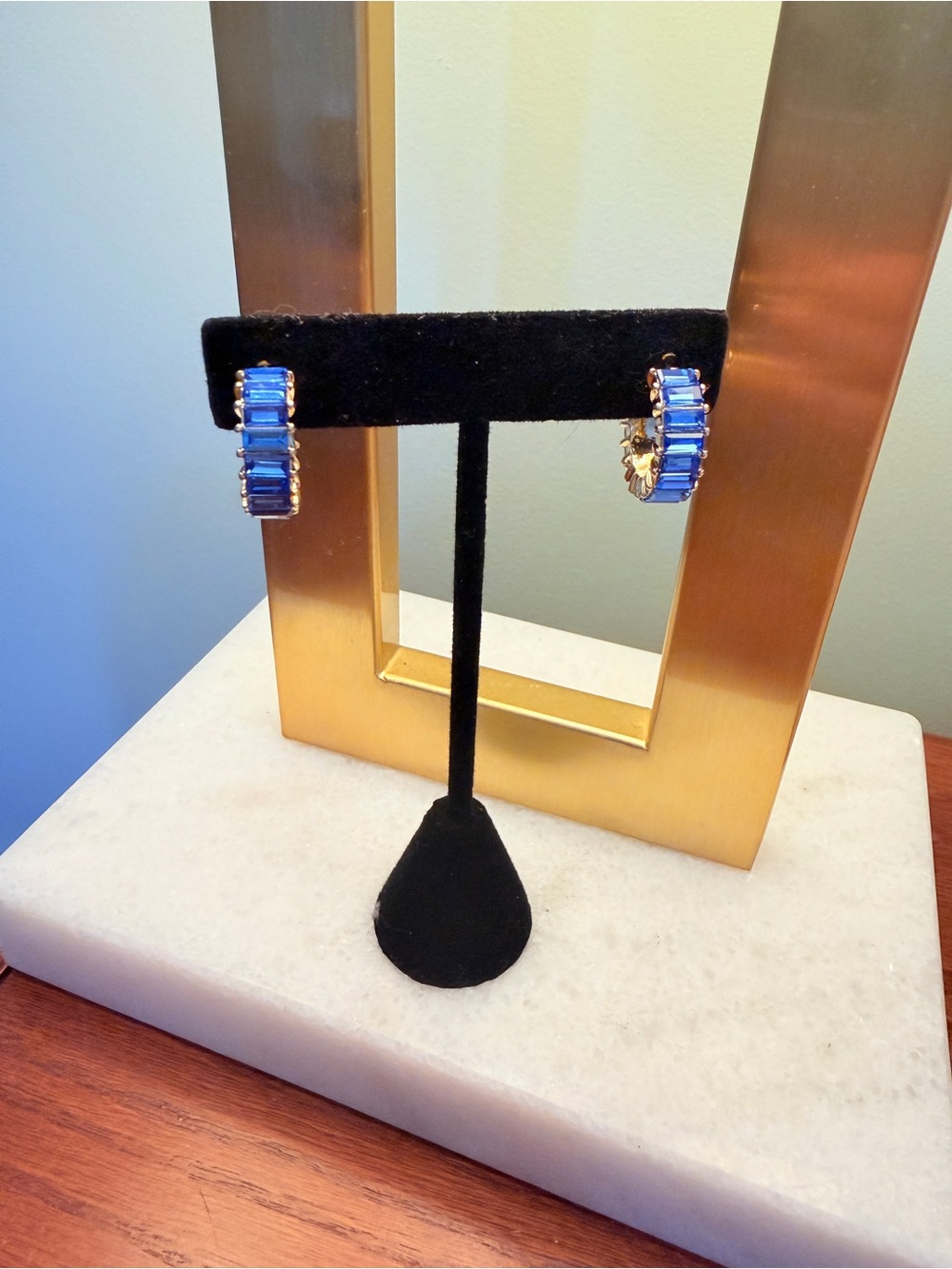 Gold Hoop Earrings with Blue Baguette Crystals